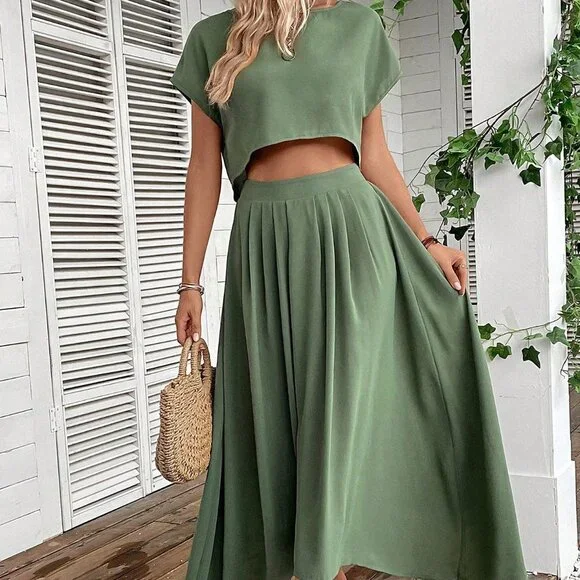Green Boho Womens Women's Solid Color Loose Casual Two-Piece Set - Picture 1 of 6